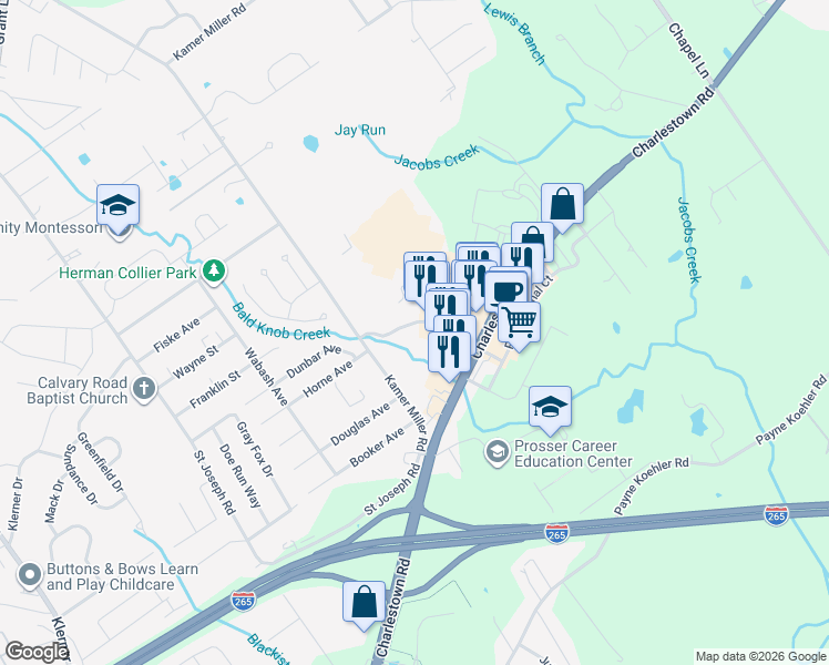 map of restaurants, bars, coffee shops, grocery stores, and more near 3030 Charlestown Crossing Way in New Albany