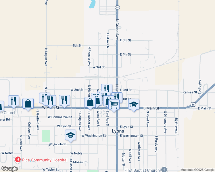 map of restaurants, bars, coffee shops, grocery stores, and more near 321 East Ave North in Lyons