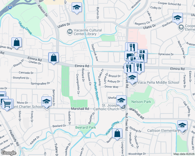 map of restaurants, bars, coffee shops, grocery stores, and more near 331 Royal Oaks Drive in Vacaville