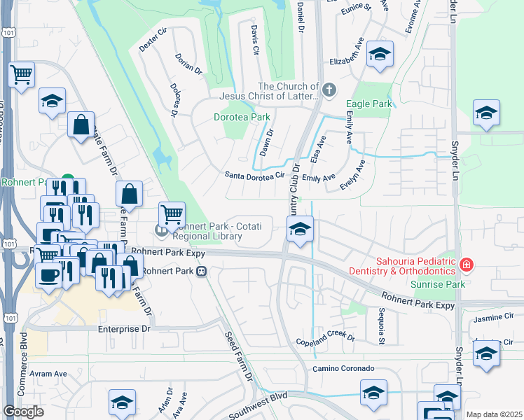 map of restaurants, bars, coffee shops, grocery stores, and more near 756 Racquet Club Circle in Rohnert Park