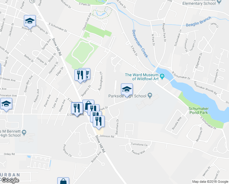 map of restaurants, bars, coffee shops, grocery stores, and more near 802 College Lane in Salisbury
