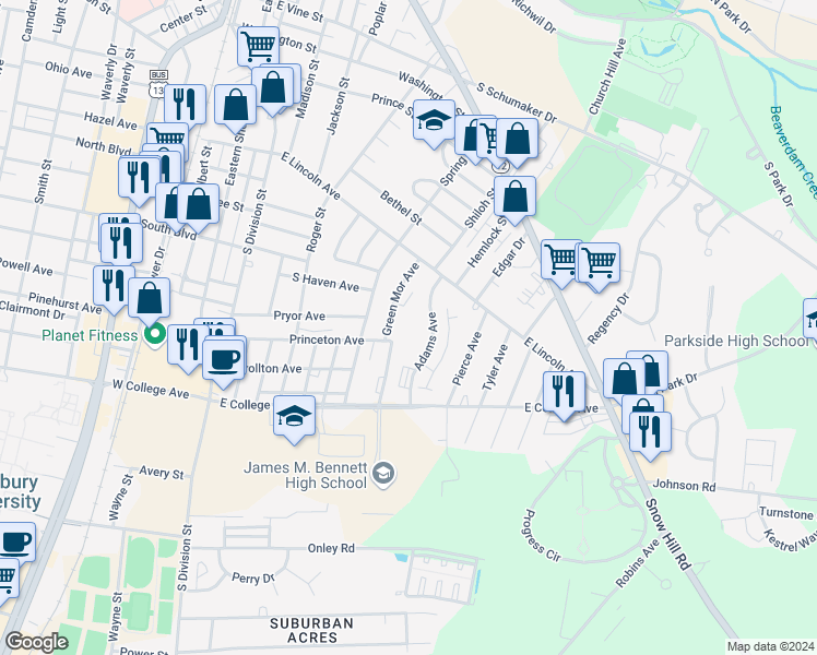 map of restaurants, bars, coffee shops, grocery stores, and more near 1024 Adams Avenue in Salisbury