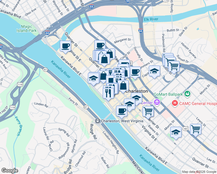 map of restaurants, bars, coffee shops, grocery stores, and more near in Charleston