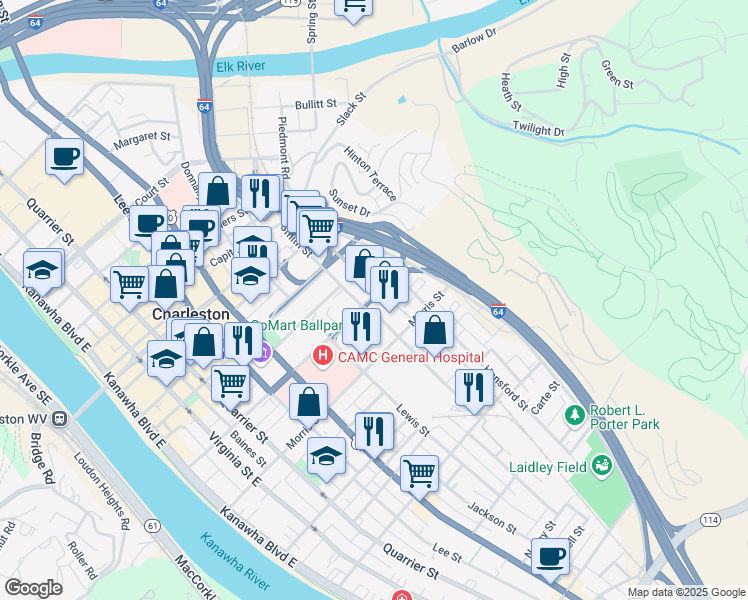 map of restaurants, bars, coffee shops, grocery stores, and more near 1118 Smith Street in Charleston