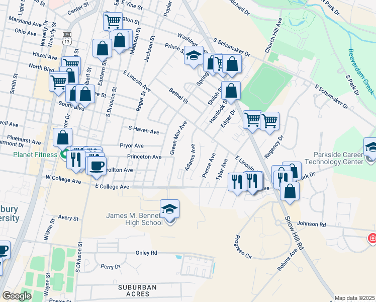 map of restaurants, bars, coffee shops, grocery stores, and more near 1006 Adams Avenue in Salisbury