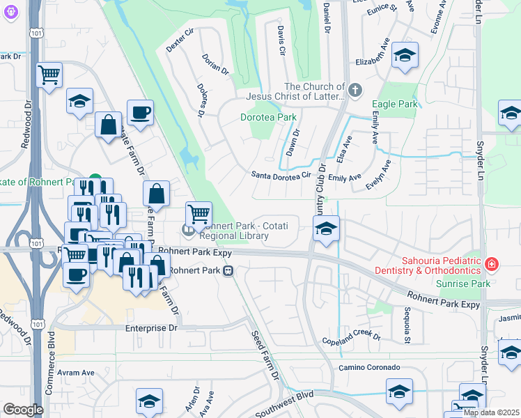map of restaurants, bars, coffee shops, grocery stores, and more near 692 Racquet Club Circle in Rohnert Park