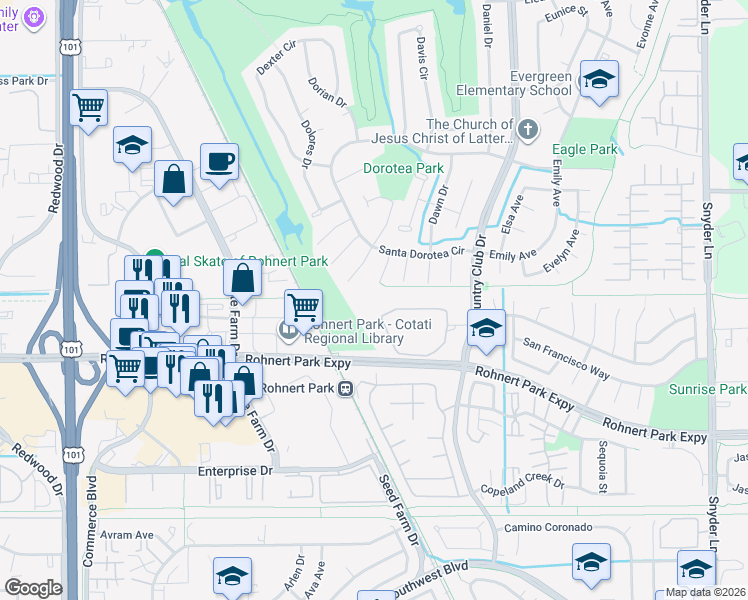 map of restaurants, bars, coffee shops, grocery stores, and more near 662 Racquet Club Cir in Rohnert Park
