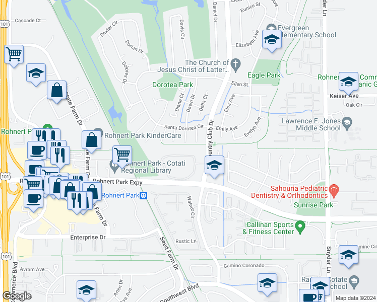 map of restaurants, bars, coffee shops, grocery stores, and more near 746 Racquet Club Circle in Rohnert Park