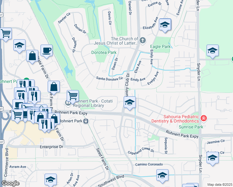 map of restaurants, bars, coffee shops, grocery stores, and more near 756 Racquet Club Circle in Rohnert Park