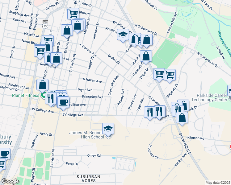 map of restaurants, bars, coffee shops, grocery stores, and more near 1010 Adams Avenue in Salisbury