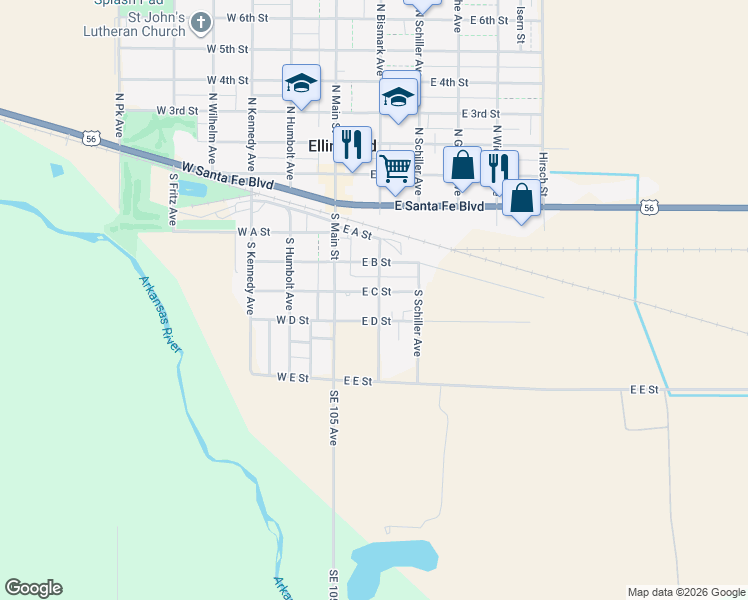 map of restaurants, bars, coffee shops, grocery stores, and more near 400 South Bismark Avenue in Ellinwood
