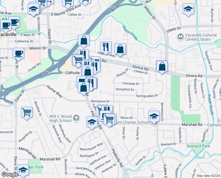 map of restaurants, bars, coffee shops, grocery stores, and more near 299 Shasta Drive in Vacaville