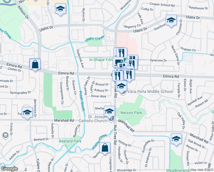 map of restaurants, bars, coffee shops, grocery stores, and more near 154 Bristol Drive in Vacaville