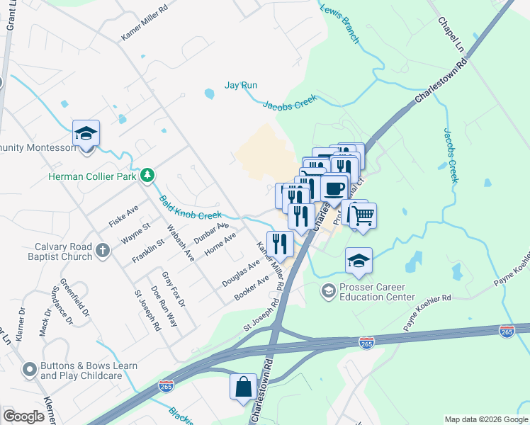map of restaurants, bars, coffee shops, grocery stores, and more near 3030 Charlestown Crossing Way in New Albany