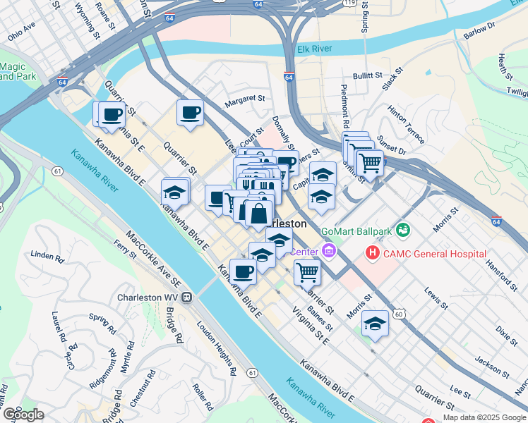 map of restaurants, bars, coffee shops, grocery stores, and more near in Charleston