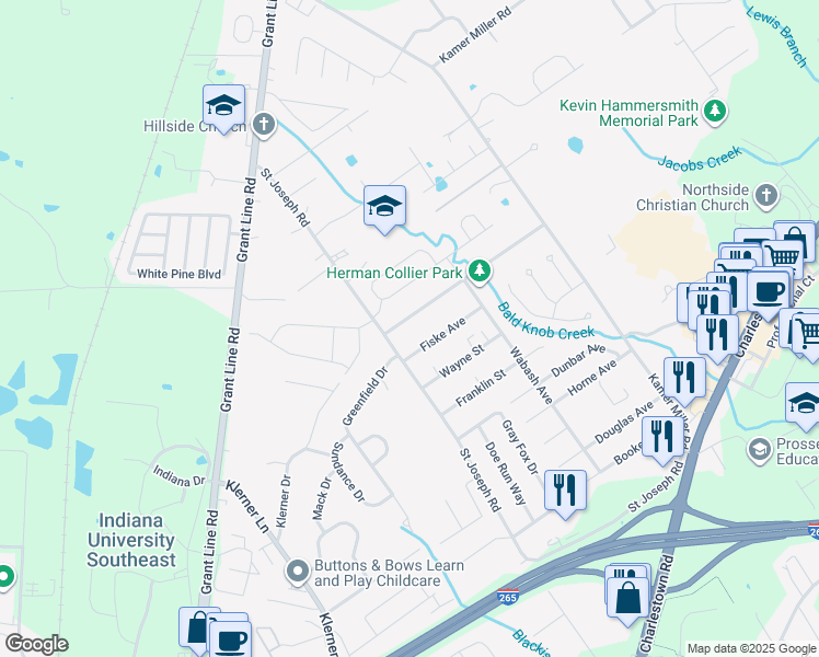 map of restaurants, bars, coffee shops, grocery stores, and more near 3814 Carver Street in New Albany