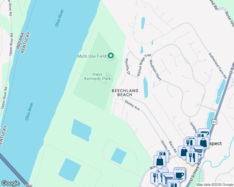 map of restaurants, bars, coffee shops, grocery stores, and more near 6300 Bass Road in Prospect