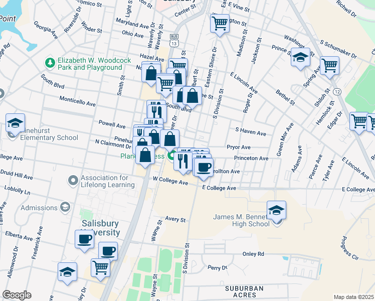 map of restaurants, bars, coffee shops, grocery stores, and more near 101 Williamsport Circle in Salisbury