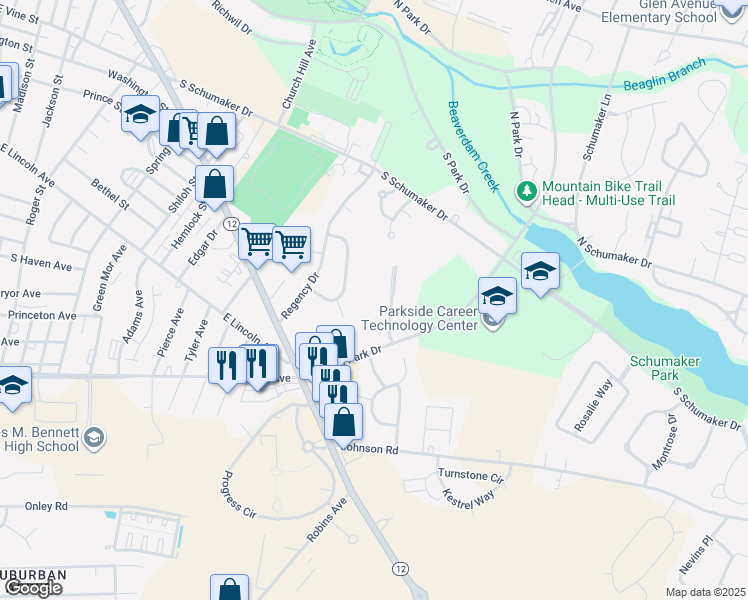map of restaurants, bars, coffee shops, grocery stores, and more near 802 College Lane in Salisbury