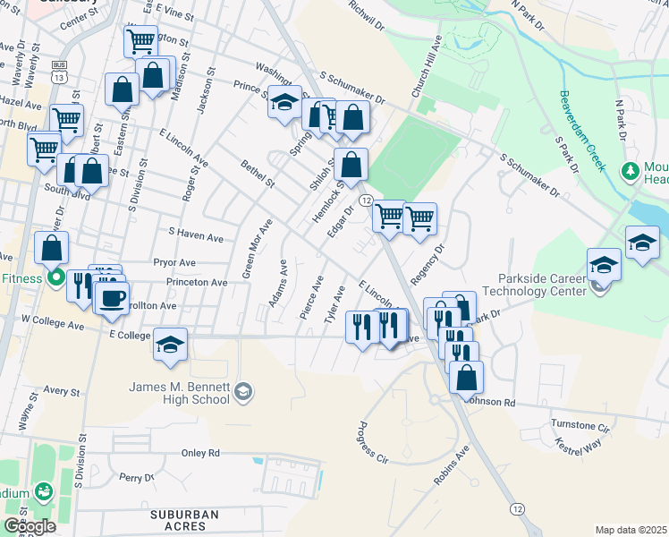 map of restaurants, bars, coffee shops, grocery stores, and more near 602 East Lincoln Avenue in Salisbury