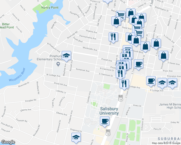 map of restaurants, bars, coffee shops, grocery stores, and more near 1010 Camden Avenue in Salisbury