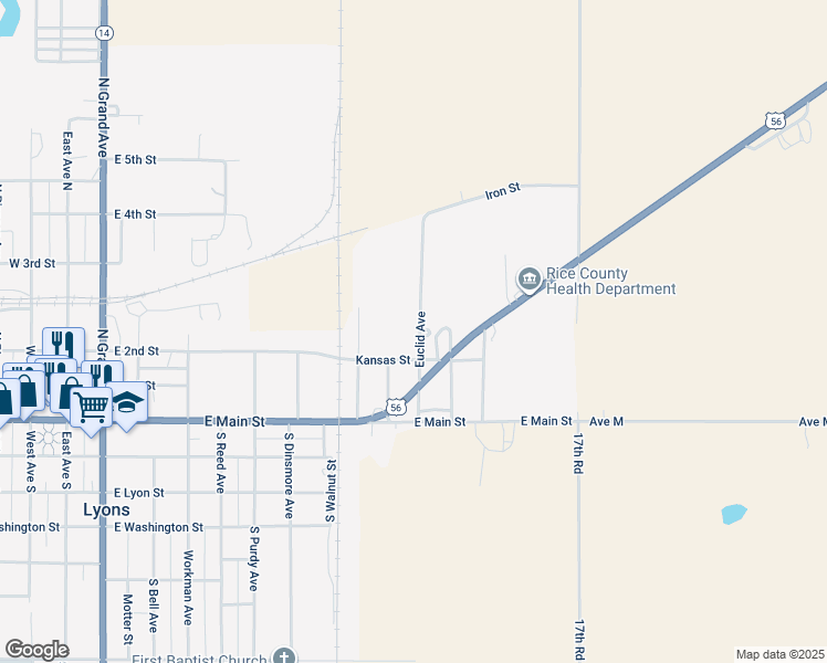map of restaurants, bars, coffee shops, grocery stores, and more near 221 Euclid Avenue in Lyons
