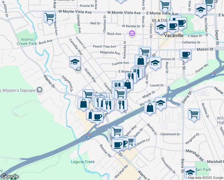 map of restaurants, bars, coffee shops, grocery stores, and more near 811 Camellia Way in Vacaville