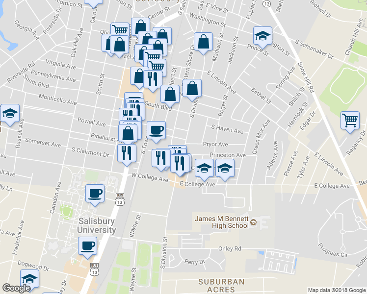 map of restaurants, bars, coffee shops, grocery stores, and more near 925 South Division Street in Salisbury