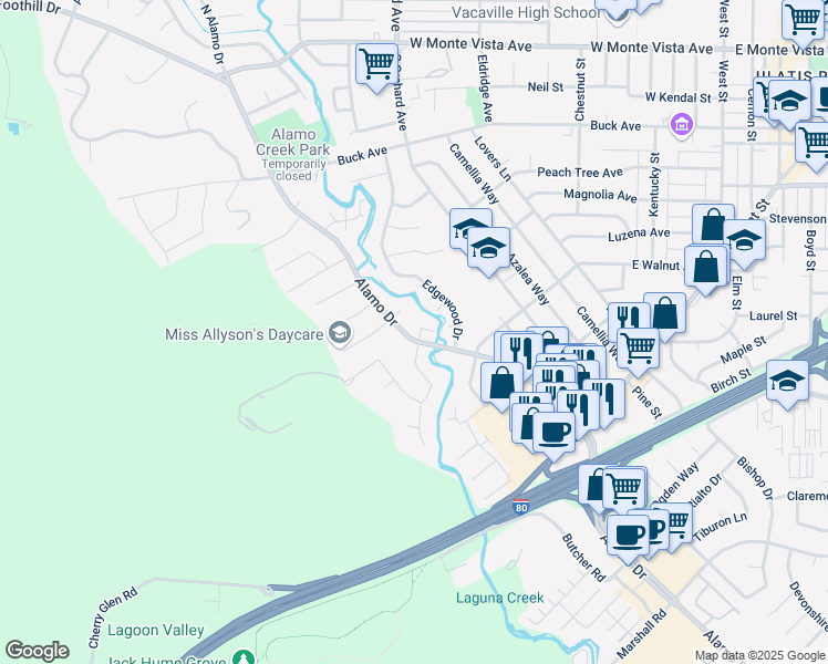 map of restaurants, bars, coffee shops, grocery stores, and more near 569 Alamo Drive in Vacaville
