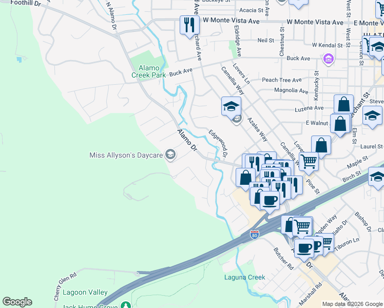 map of restaurants, bars, coffee shops, grocery stores, and more near 480 Meadowview Drive in Vacaville