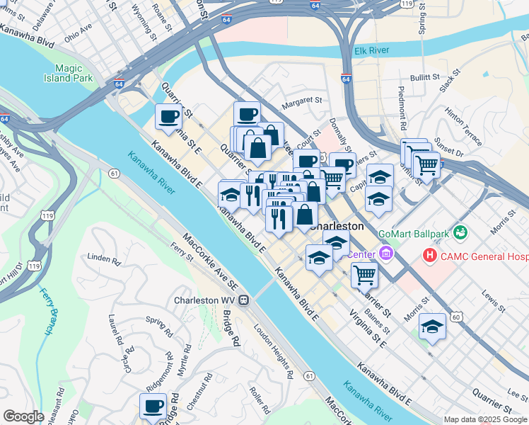 map of restaurants, bars, coffee shops, grocery stores, and more near in Charleston