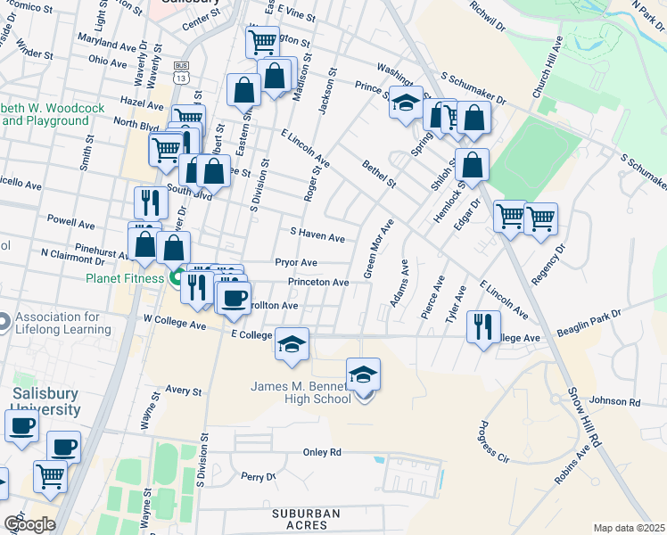 map of restaurants, bars, coffee shops, grocery stores, and more near 316 Pryor Avenue in Salisbury