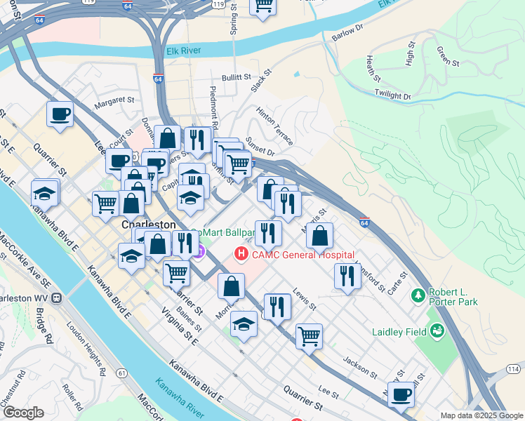 map of restaurants, bars, coffee shops, grocery stores, and more near 1118 Smith Street in Charleston