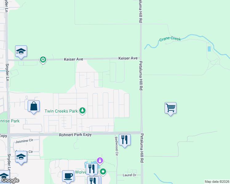 map of restaurants, bars, coffee shops, grocery stores, and more near 5706 Knight Road in Cotati