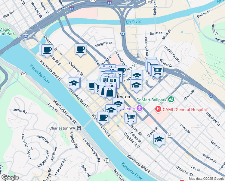 map of restaurants, bars, coffee shops, grocery stores, and more near in Charleston
