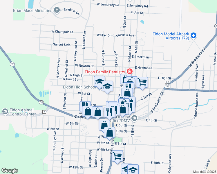 map of restaurants, bars, coffee shops, grocery stores, and more near 204 West North Street in Eldon