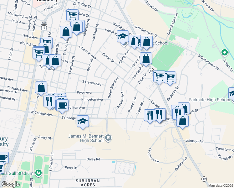 map of restaurants, bars, coffee shops, grocery stores, and more near 1024 Adams Avenue in Salisbury