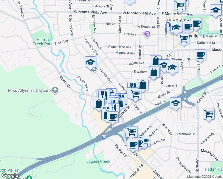 map of restaurants, bars, coffee shops, grocery stores, and more near 751 South Orchard Avenue in Vacaville