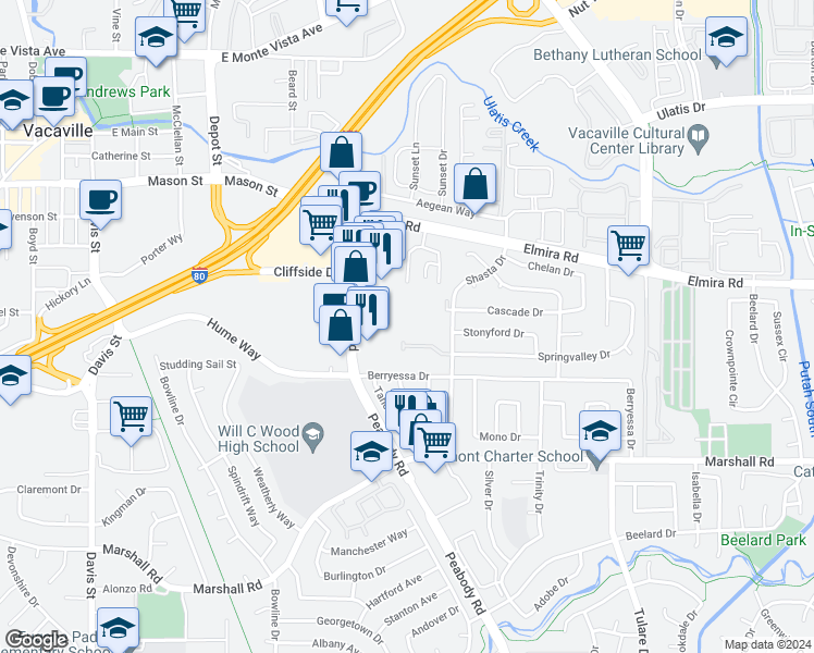 map of restaurants, bars, coffee shops, grocery stores, and more near 76 Del Rio Circle in Vacaville