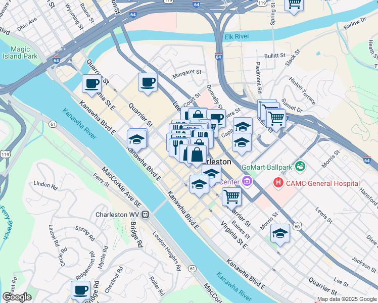map of restaurants, bars, coffee shops, grocery stores, and more near 221 Capitol Street in Charleston