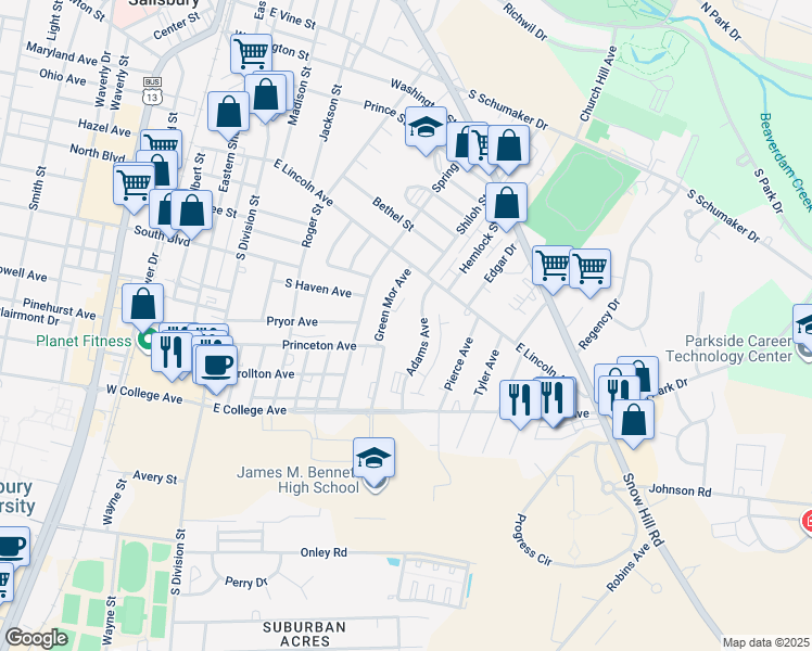 map of restaurants, bars, coffee shops, grocery stores, and more near 1024 Adams Avenue in Salisbury