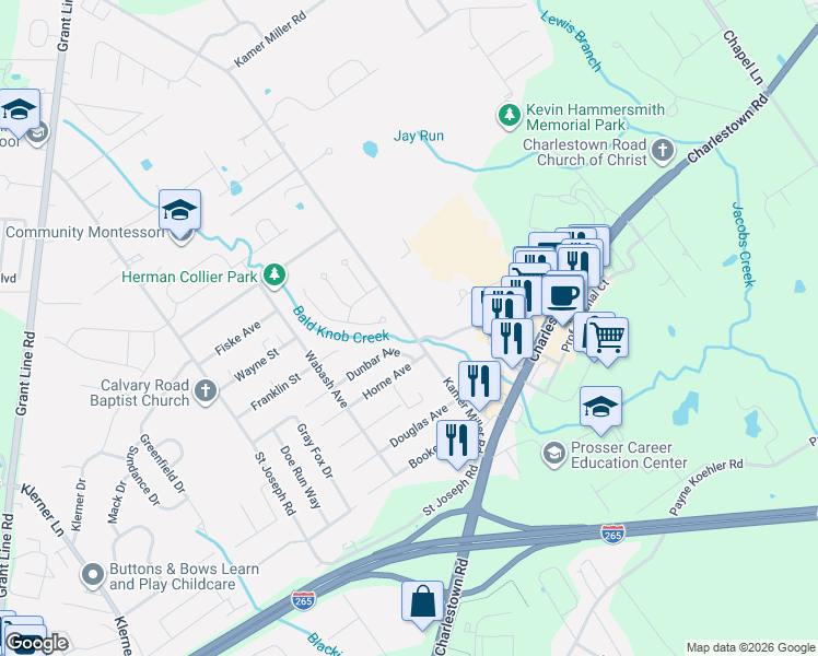map of restaurants, bars, coffee shops, grocery stores, and more near 3601 Dove Circle in New Albany