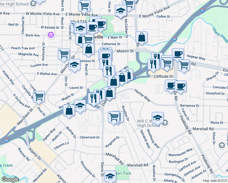map of restaurants, bars, coffee shops, grocery stores, and more near 1001 Hume Way in Vacaville