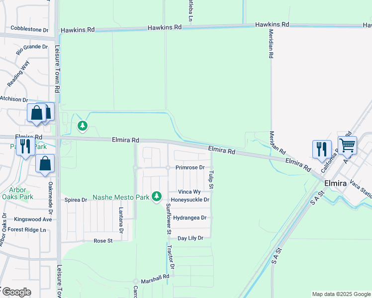 map of restaurants, bars, coffee shops, grocery stores, and more near 263 Wisteria Circle in Vacaville