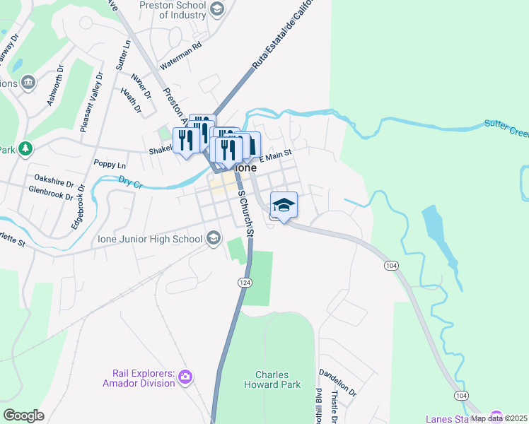 map of restaurants, bars, coffee shops, grocery stores, and more near 308 South Ione Street in Ione