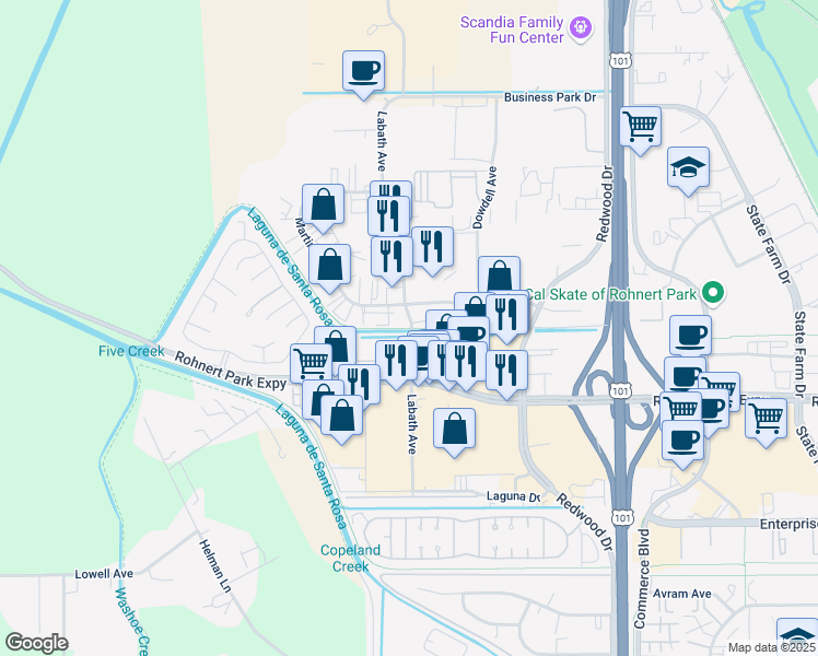 map of restaurants, bars, coffee shops, grocery stores, and more near Santa Rosa De Laguna Trail in Rohnert Park