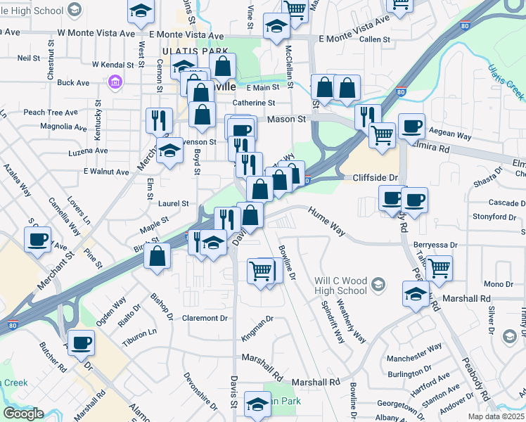 map of restaurants, bars, coffee shops, grocery stores, and more near 1001 Hume Way in Vacaville