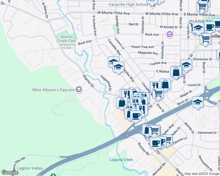 map of restaurants, bars, coffee shops, grocery stores, and more near 558 Edgewood Drive in Vacaville