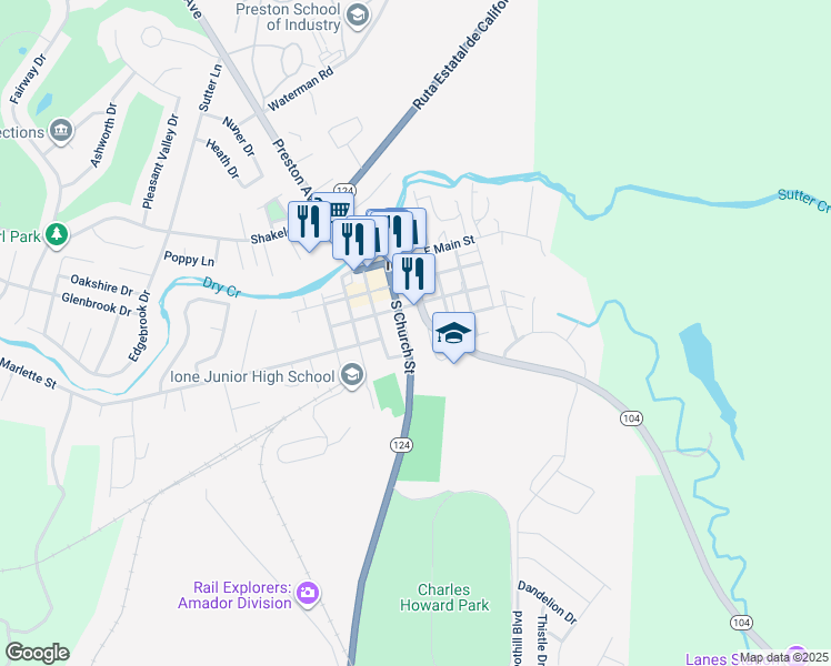 map of restaurants, bars, coffee shops, grocery stores, and more near 308 South Ione Street in Ione