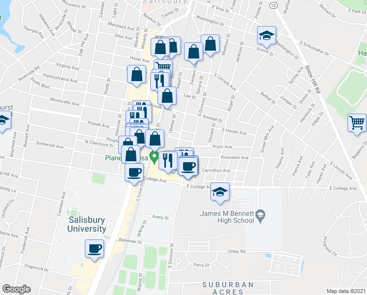 map of restaurants, bars, coffee shops, grocery stores, and more near 925 South Division Street in Salisbury
